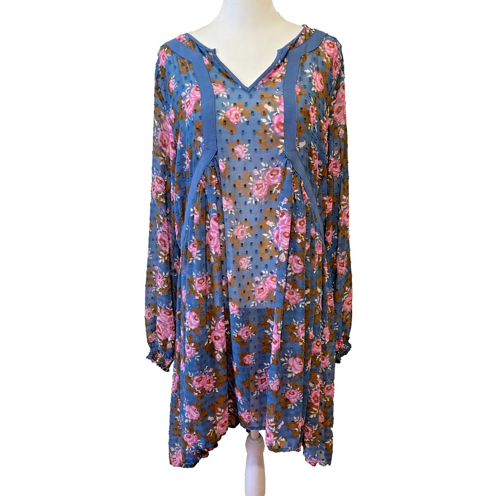 Matilda Jane Make Believe To The Nines Sheer Blue Floral Dress Size L Boho NWOT